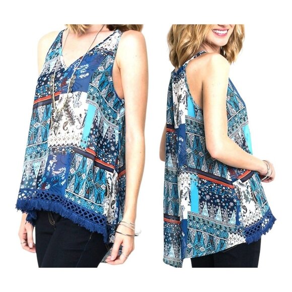 Umgee Tops - Umgee Boho Patchwork Print High Low Crochet Fringe Sleeveless Tank Blouse Small